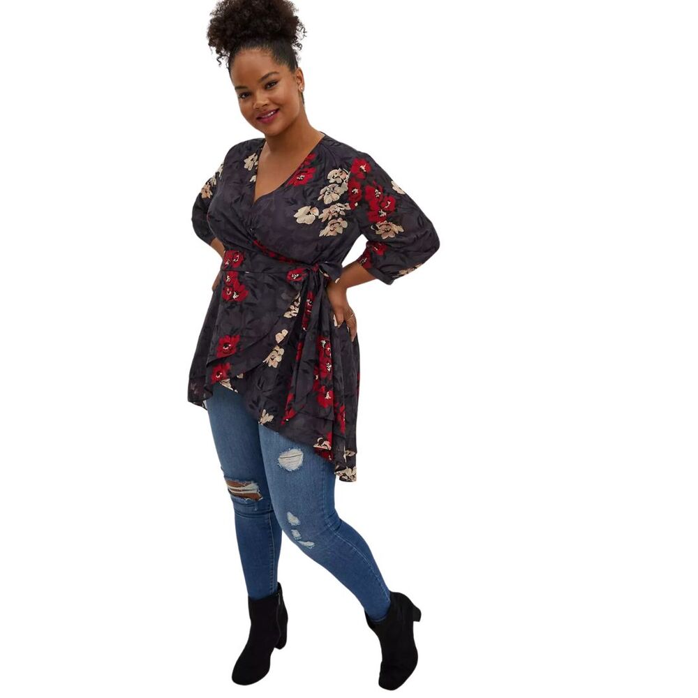 Torrid Hi-Lo Wrap Blouse 2X Dark Slate Red Floral 3/4 Sleeve Tulip Hem Tunic Top